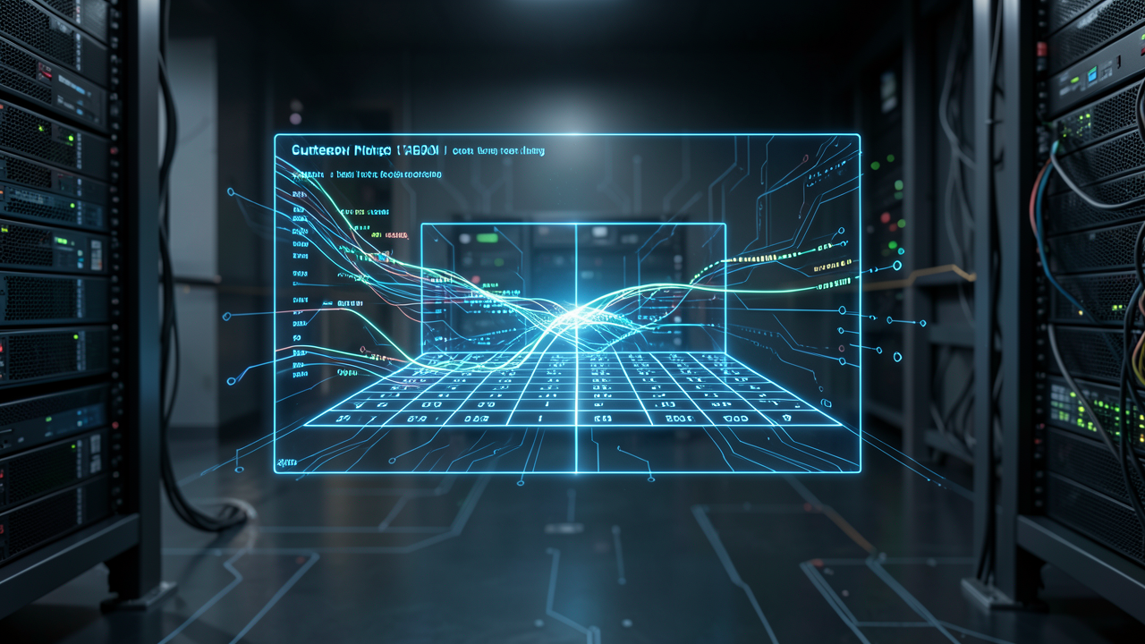 A futuristic fintech setup shows a glowing holographic ledger grid with streaming data in a dark technology room with server racks and circuit-like background patterns.